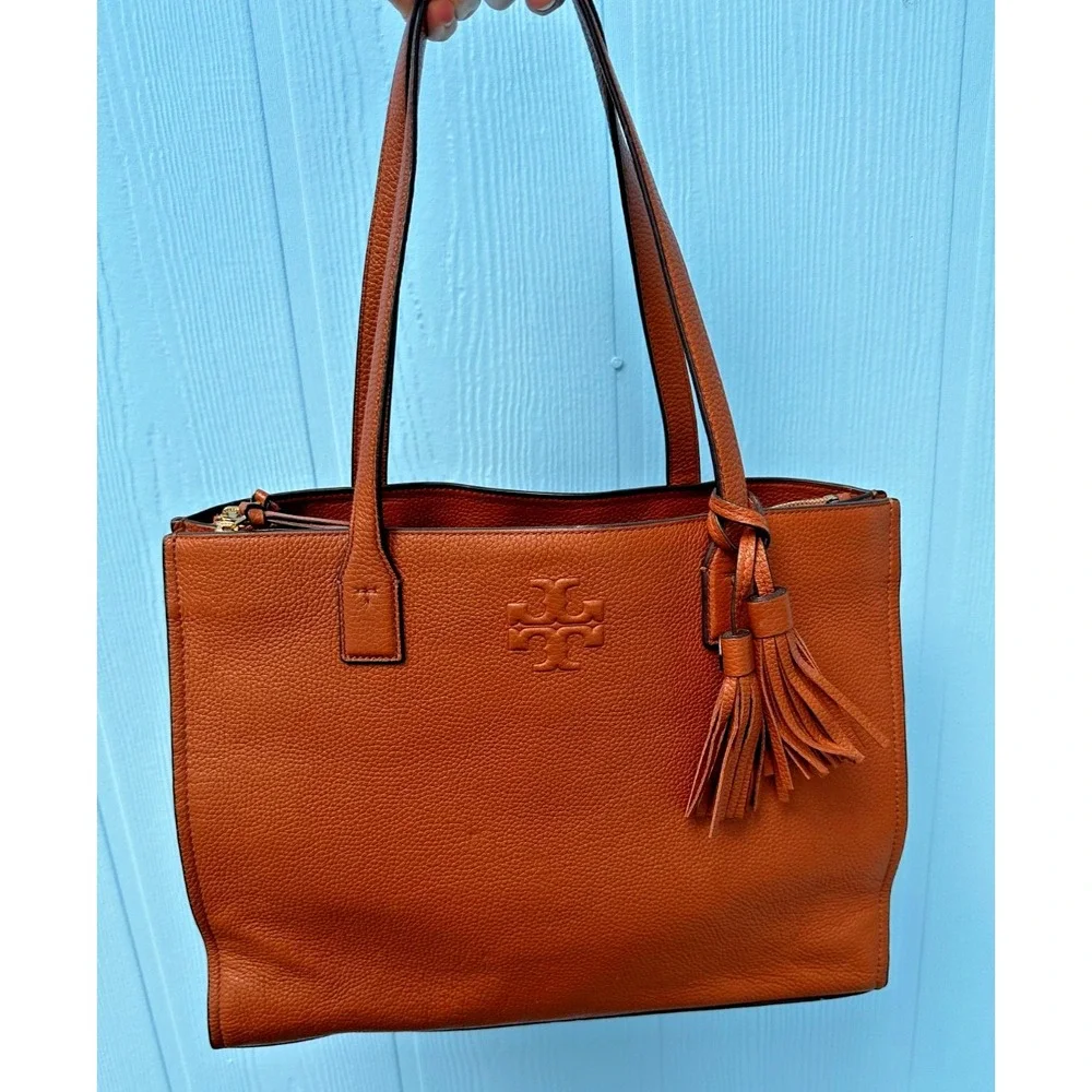 Tory Burch Thea Brown Leather Tote Tassels Purse Multi Pocket Shoulder Bag
